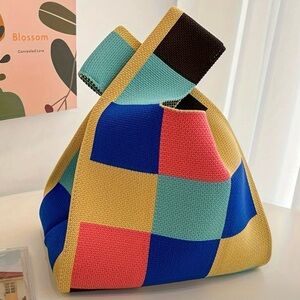 Heavy Woven Knit Block Pattern Tote Purse Bag Japanese Knot  Closure Style